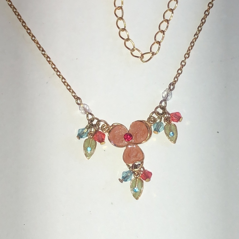 Gold Tone Multi-Color Floral Crystal Drop Pendant Necklace